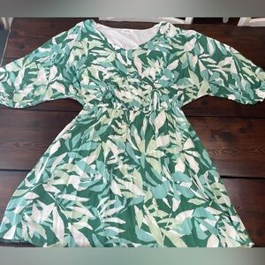 Emily Wonder Boutique Blouson Dress Green & White Palm Leaf Print 1X EUC!